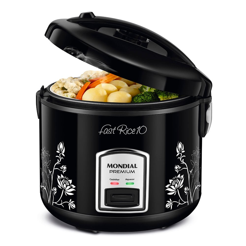 Panela elétrica de arroz Mondial Fast Rice 10 preta com tampa aberta mostrando legumes cozidos no vapor