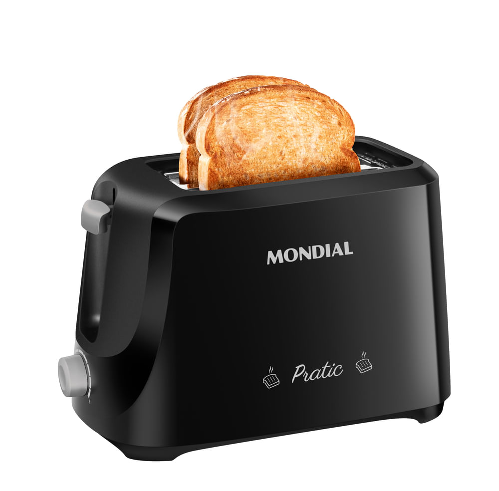 Torradeira Mondial T-18 Pratic preta e prata com as fatias de pão nas fendas