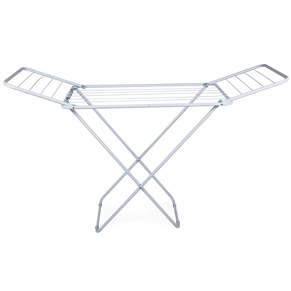Varal de chão com abas Mor Slim em aço, branco com pontas azuladas, aberto e visto de frente