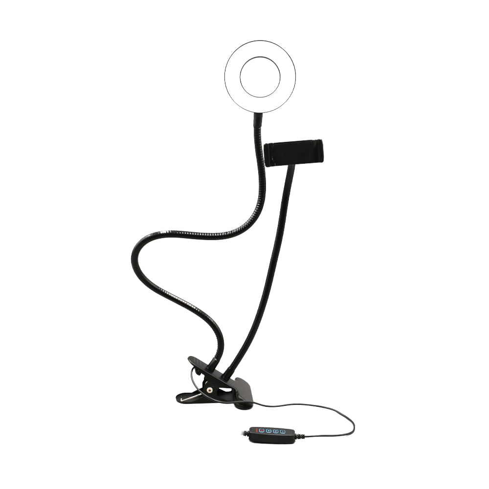Suporte ring light flexível Multilaser AC369 preto, com clipe na base, duas hastes flexíveis, suporte de celular e anel de luz