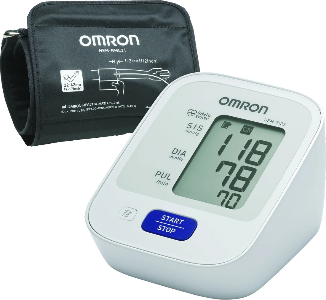 Monitor de pressão Omron HEM-7122 com a braçadeira preta universal ao lado do aparelho