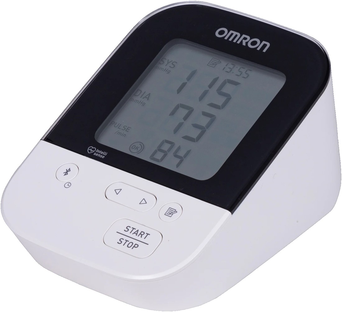 Monitor de pressão Omron HEM-7156T com visor preto e botão de Bluetooth