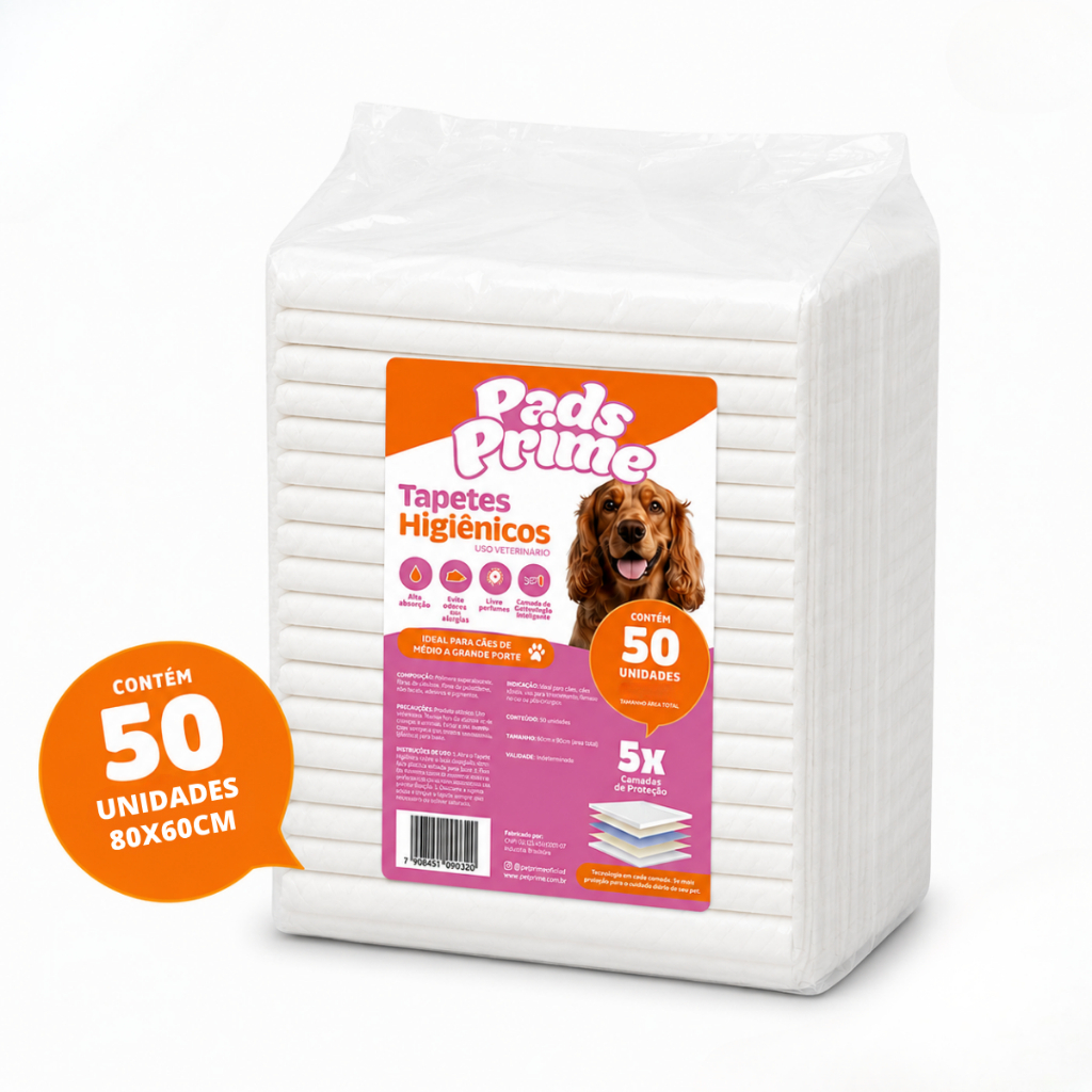 Pacote do tapete higiênico Pads Prime com 50 unidades de 80x60 cm, embalagem branca com rótulo laranja e rosa e um cão cocker