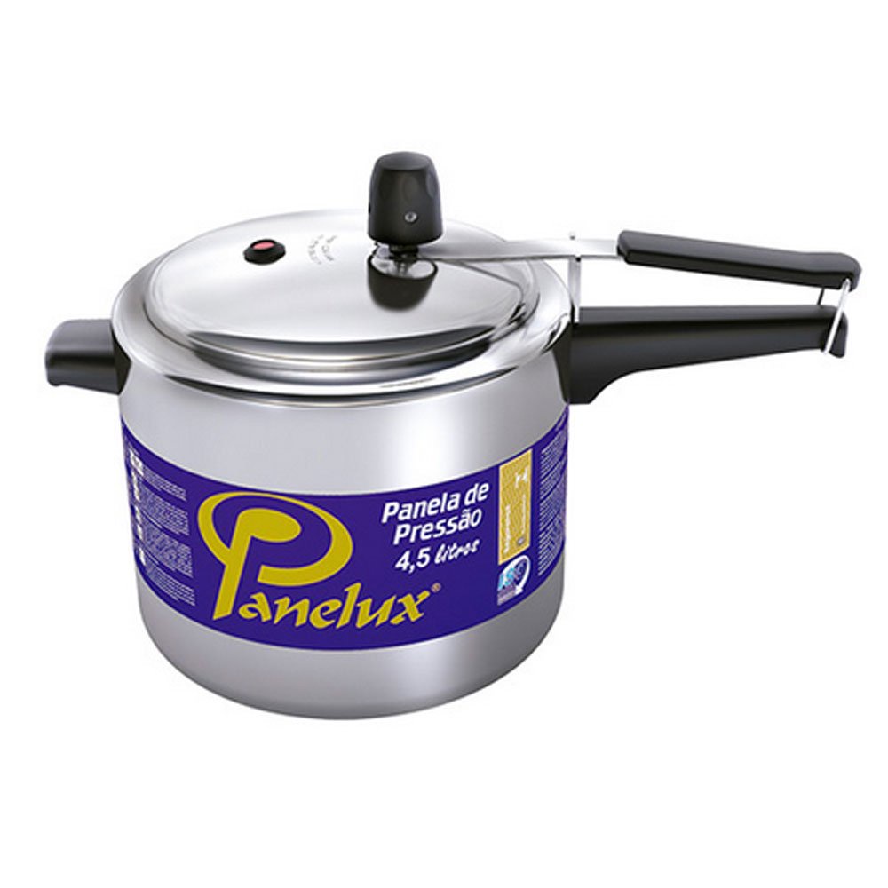 Panela de pressão Panelux Classic de 4,5 litros em alumínio polido, com cabo preto, válvula e rótulo azul da marca