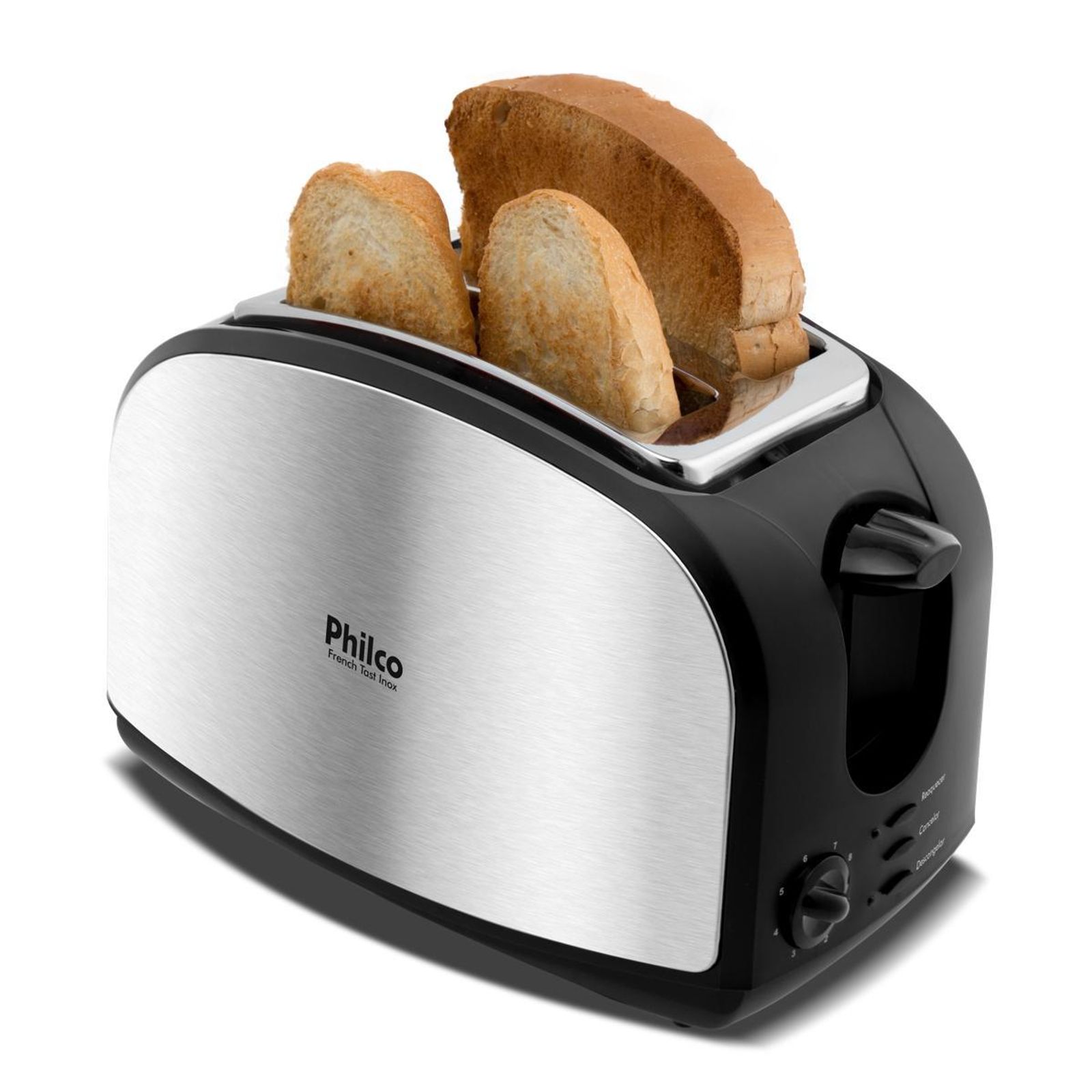 Torradeira Philco French Toast Inox com as duas fendas e o seletor de tostagem