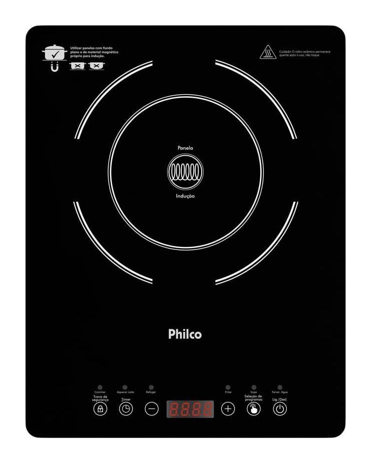 Cooktop de indução portátil Philco PCT10A preto, visto de cima, com painel touch e display vermelho