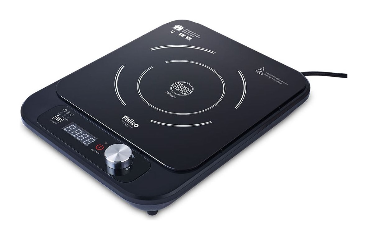 Cooktop de indução portátil Philco PCT10IP preto, em vista inclinada, com seletor giratório metálico e display digital