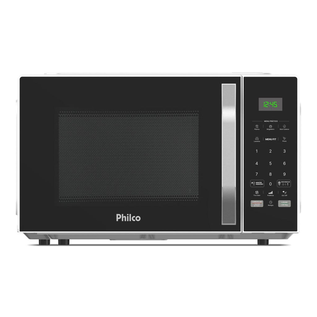 Micro-ondas Philco PM36 preto, visto de frente, com janela de grade e painel com teclas numéricas