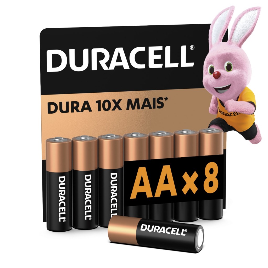 Cartela Duracell com 8 pilhas alcalinas AA, com a mascote coelho e o texto Dura 10x mais
