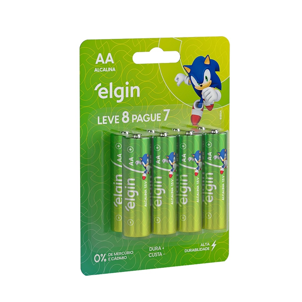 Blister Elgin com pilhas alcalinas AA, arte verde com o personagem Sonic e a indicação Leve 8 Pague 7