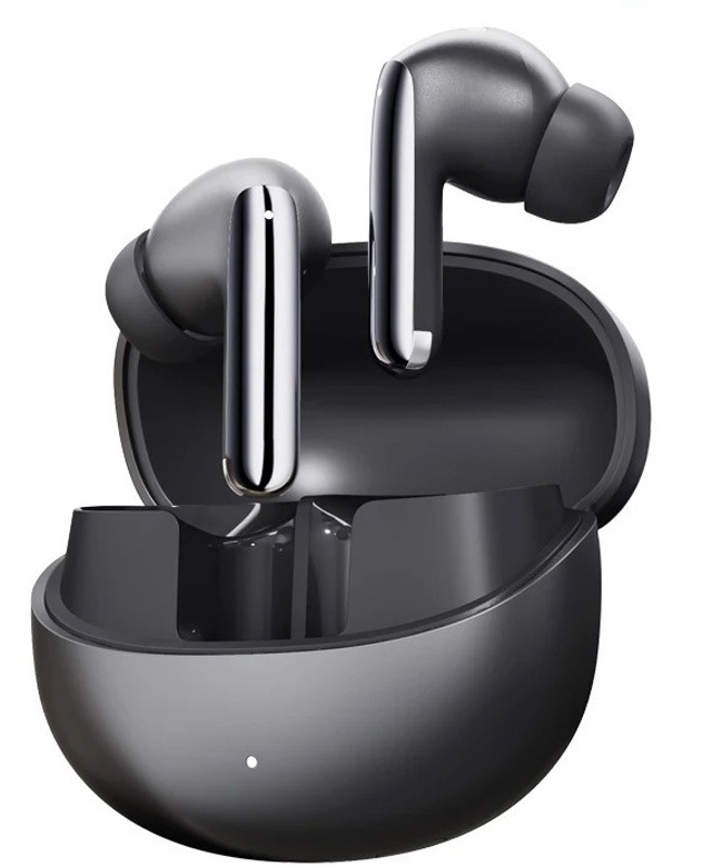 Fones QCY HT08 MeloBuds Pro pretos com haste metálica espelhada e estojo de carregamento aberto