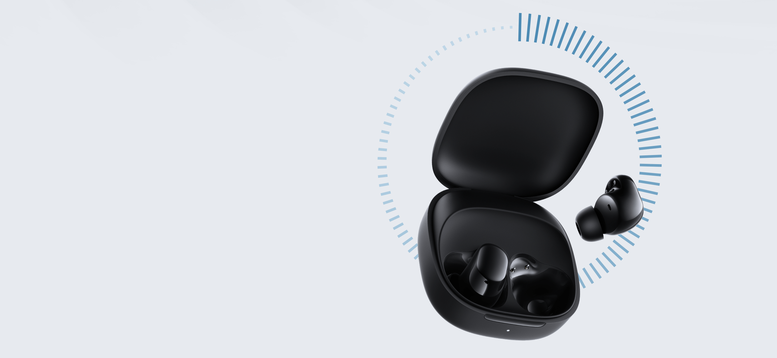 Xiaomi Redmi Buds 6 Play com o estojo aberto e os dois fones ao lado