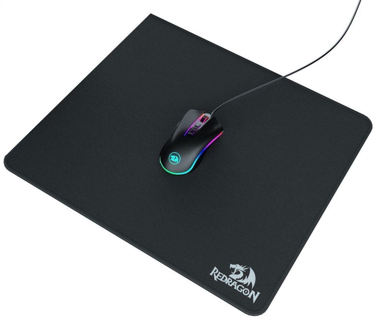 Mousepad Redragon Flick L P031 preto grande, com um mouse gamer sobre a superfície