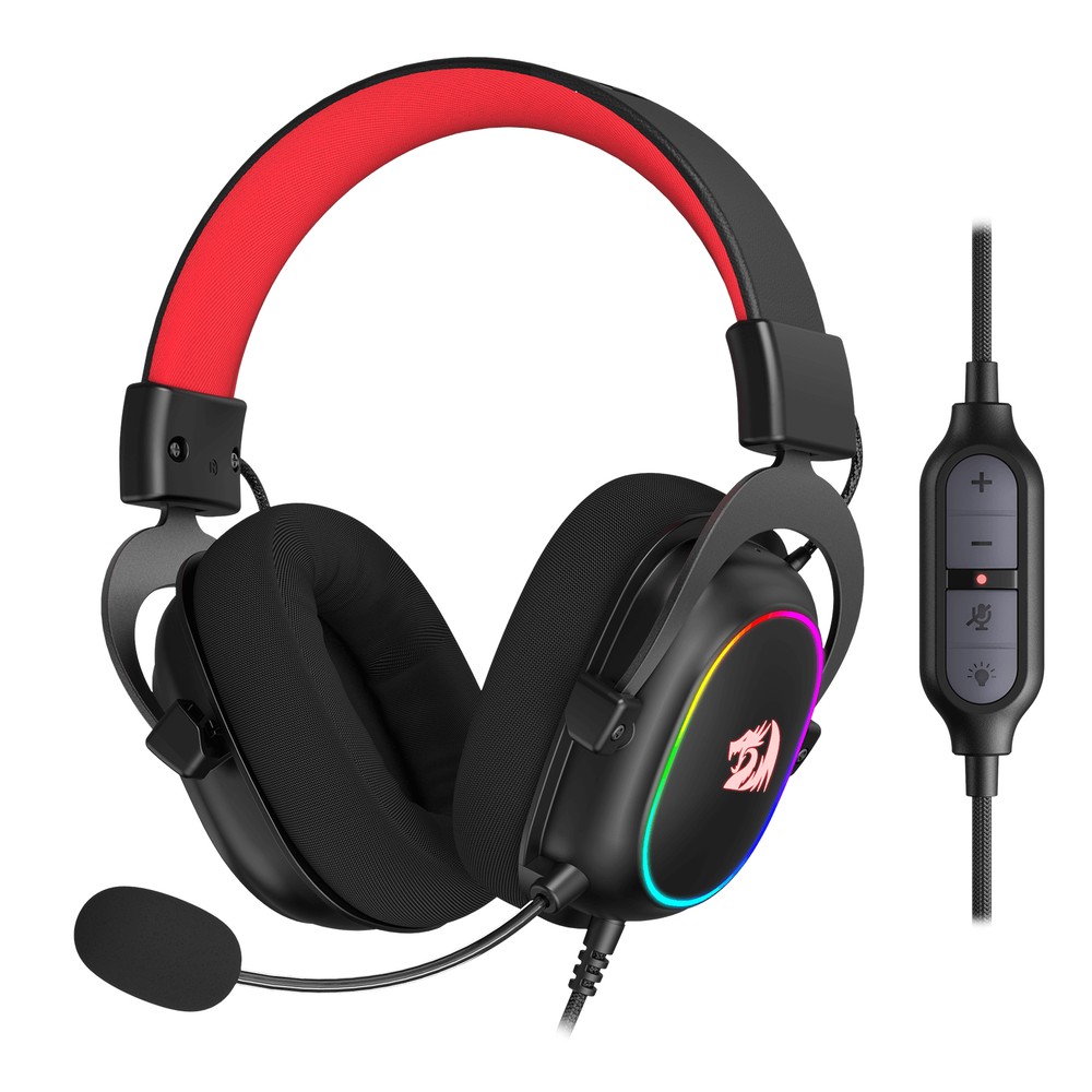 Headset Redragon Zeus X RGB preto com faixa vermelha, microfone e controle de volume no cabo
