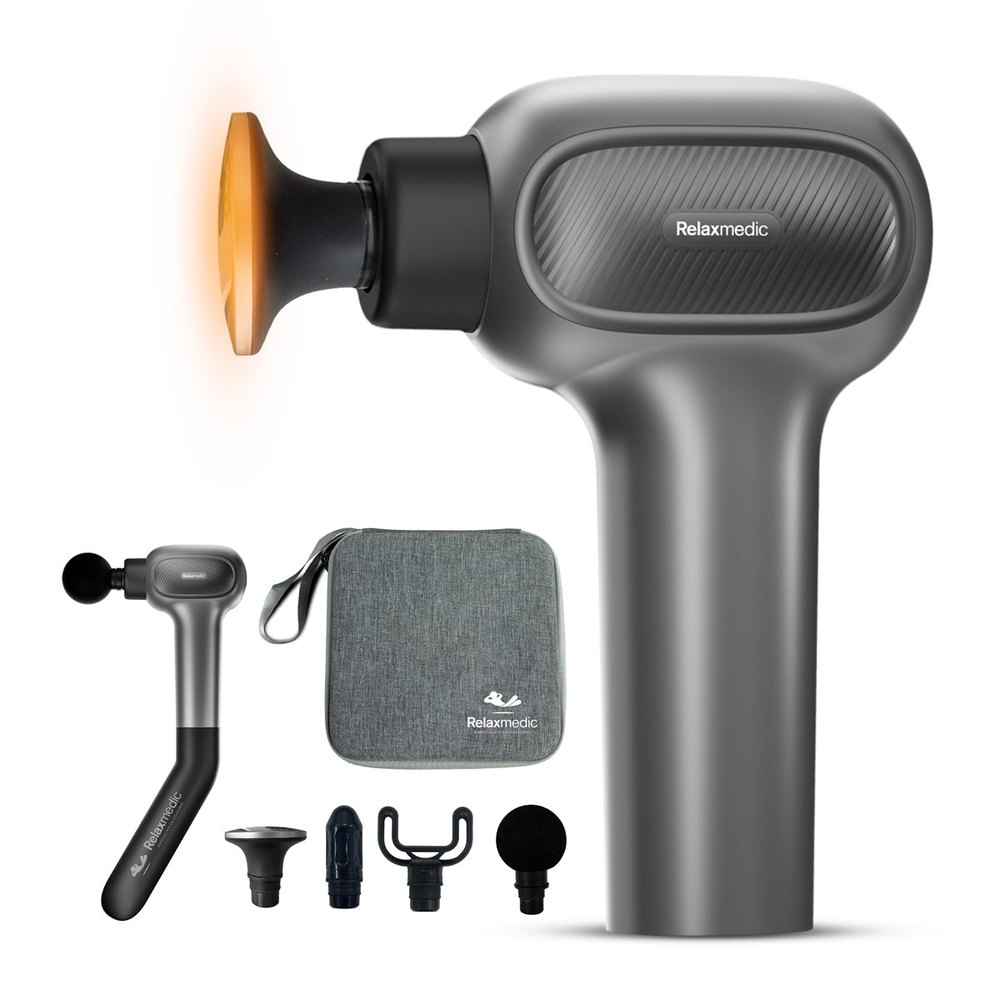 Pistola massageadora Relaxmedic Deep Therapy Flex cinza com ponteira aquecida, cabo extensor, maleta e ponteiras