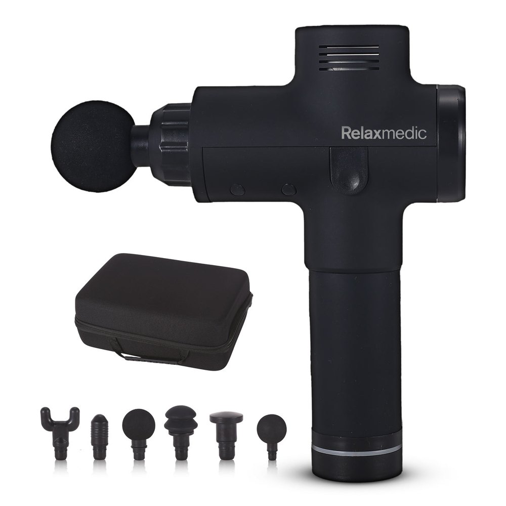 Pistola massageadora Relaxmedic Deep Therapy preta com maleta de transporte e seis ponteiras de massagem