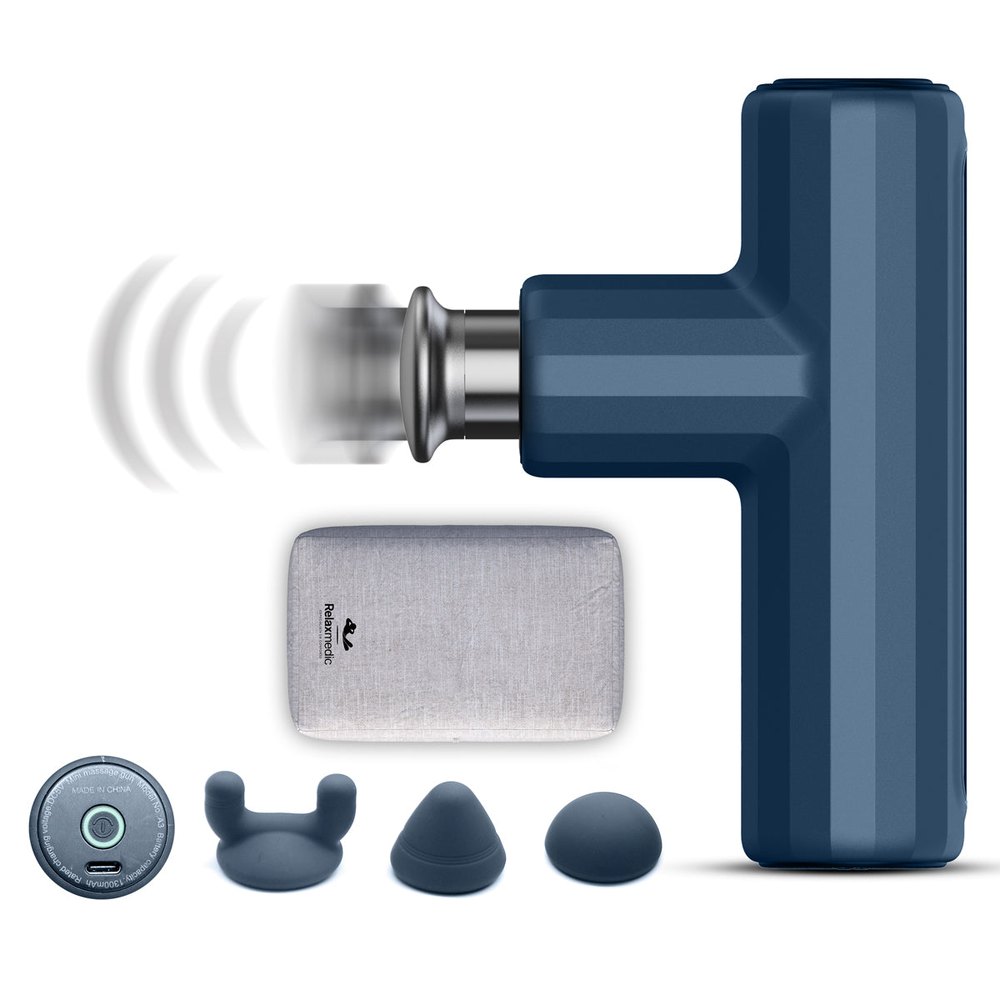 Mini pistola massageadora Relaxmedic Mini Deep Therapy azul com maleta e três ponteiras de silicone