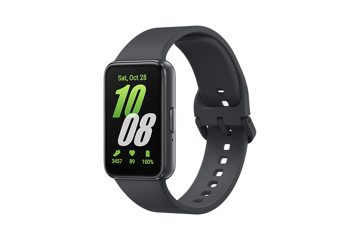 Smartwatch Samsung Galaxy Fit3 na cor grafite com a pulseira de silicone