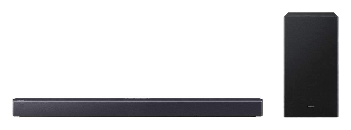 Soundbar Samsung HW-B450F preta e longa ao lado do subwoofer sem fio vertical