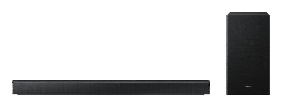 Soundbar Samsung HW-B650F preta com grade escura ao lado do subwoofer sem fio