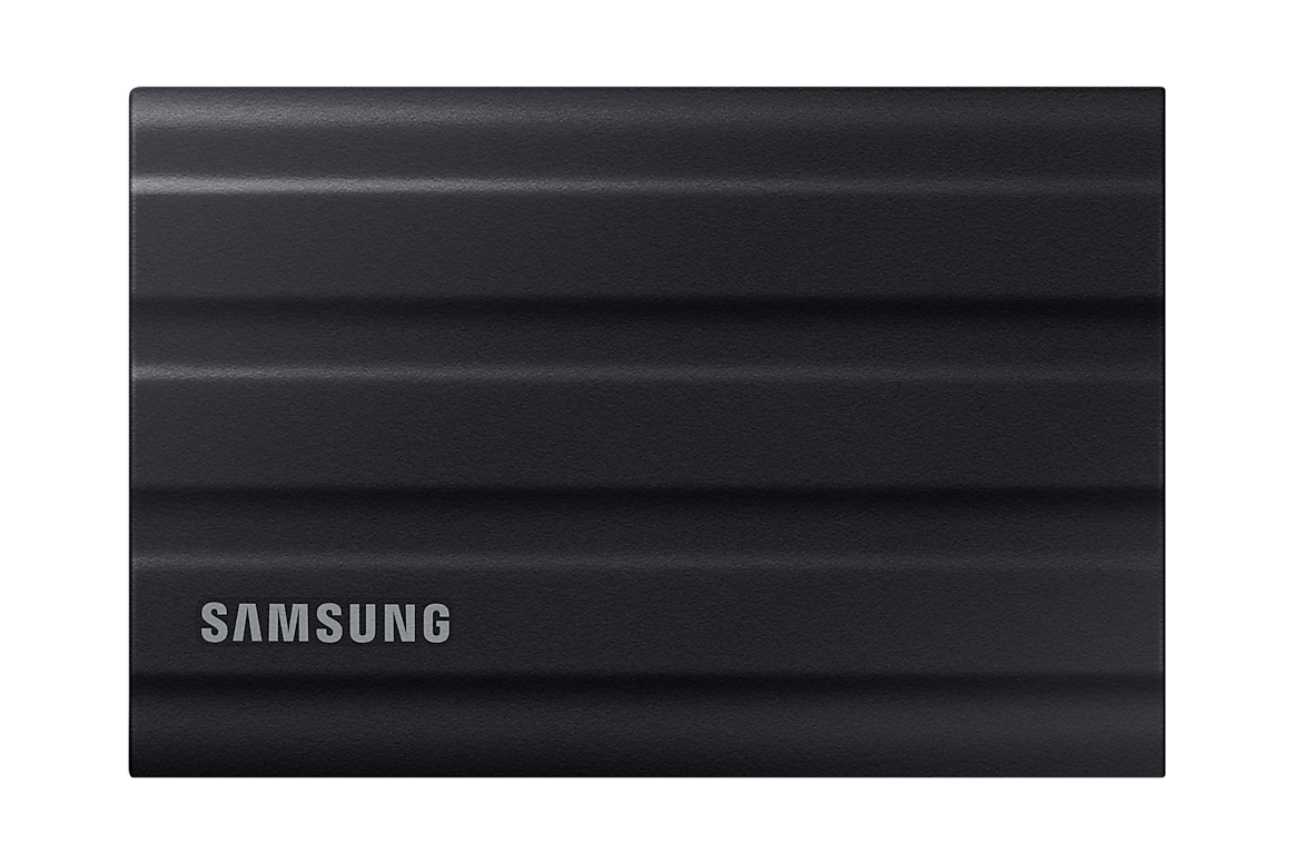 SSD externo Samsung T7 Shield 1TB em preto, com carcaça emborrachada