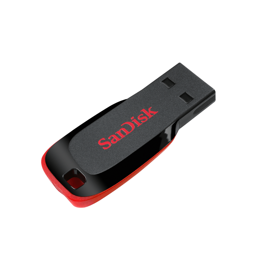 Pen drive SanDisk Cruzer Blade preto e vermelho com o conector USB-A exposto
