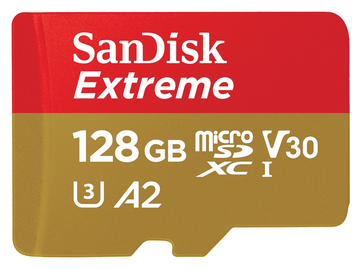 Cartão microSD SanDisk Extreme de 128 GB com faixa vermelha e dourada, classes A2 e V30