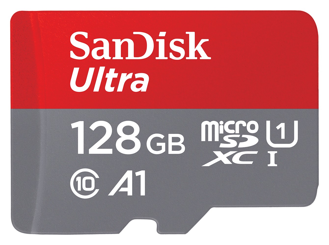 Cartão microSD SanDisk Ultra de 128 GB com faixa vermelha e cinza, classes A1 e U1