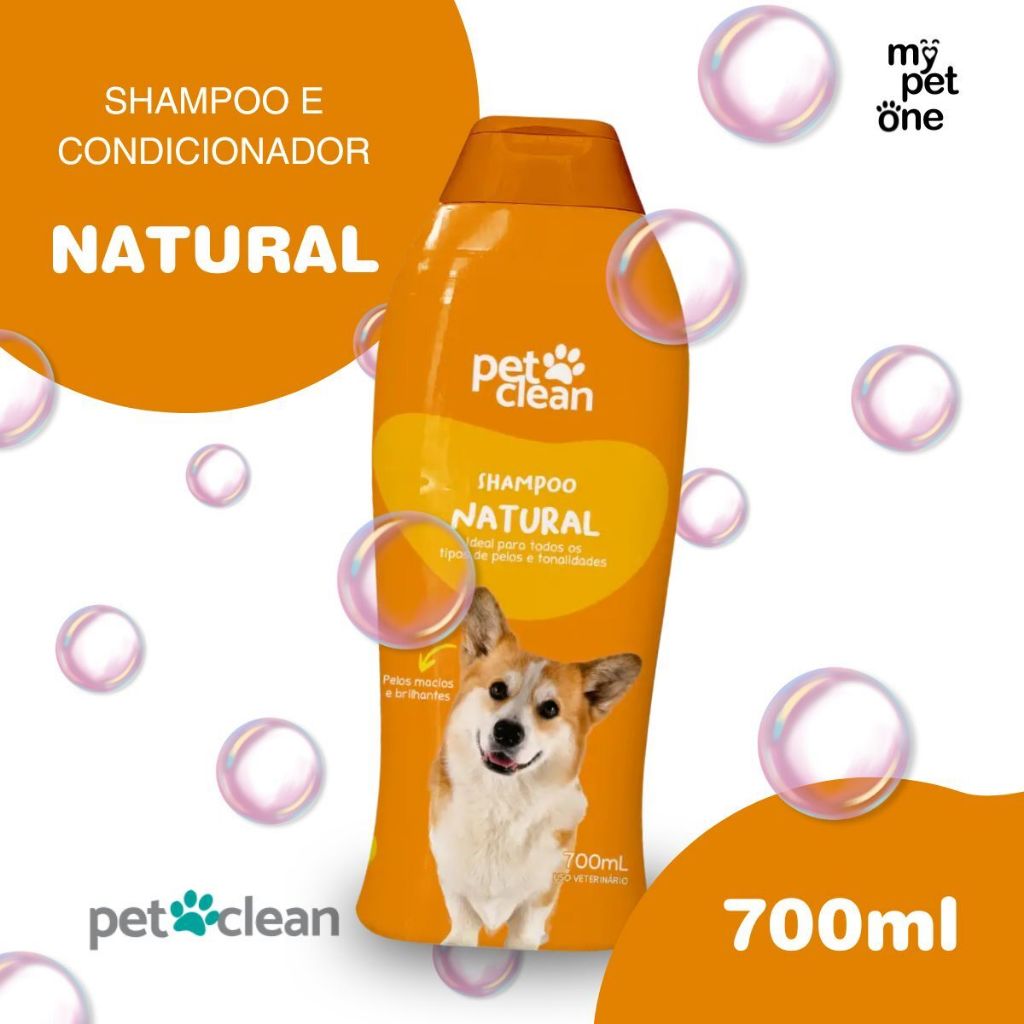 Frasco laranja de shampoo e condicionador Pet Clean Natural de 700 ml, com cachorro corgi na embalagem