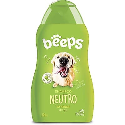 Frasco verde do shampoo Beeps Neutro de 500 ml da Pet Society, com cachorro na embalagem