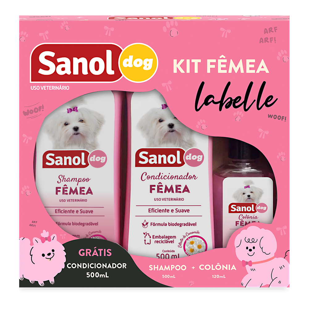 Caixa rosa do kit Sanol Dog Fêmea Labelle com shampoo, condicionador e colônia