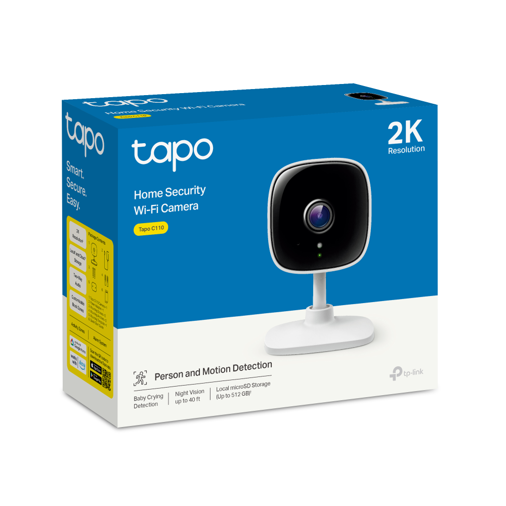 Caixa da câmera TP-Link Tapo C110 mostrando o produto e o selo de resolução 2K