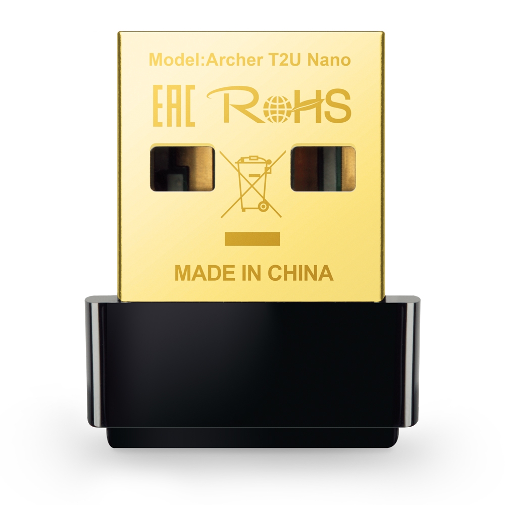 Adaptador Wi-Fi USB TP-Link Archer T2U Nano, pequeno, com conector USB dourado e corpo preto