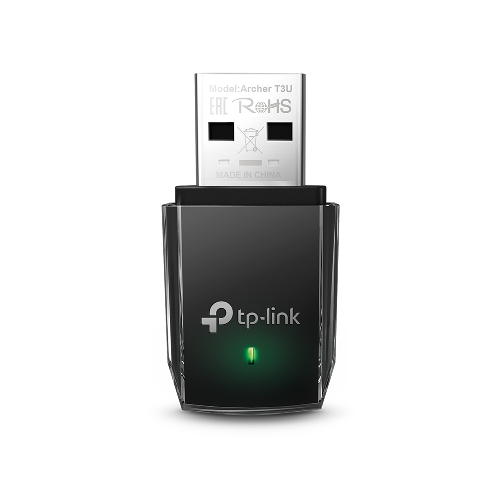 Adaptador Wi-Fi USB TP-Link Archer T3U, mini, com corpo preto translúcido e luz verde de status