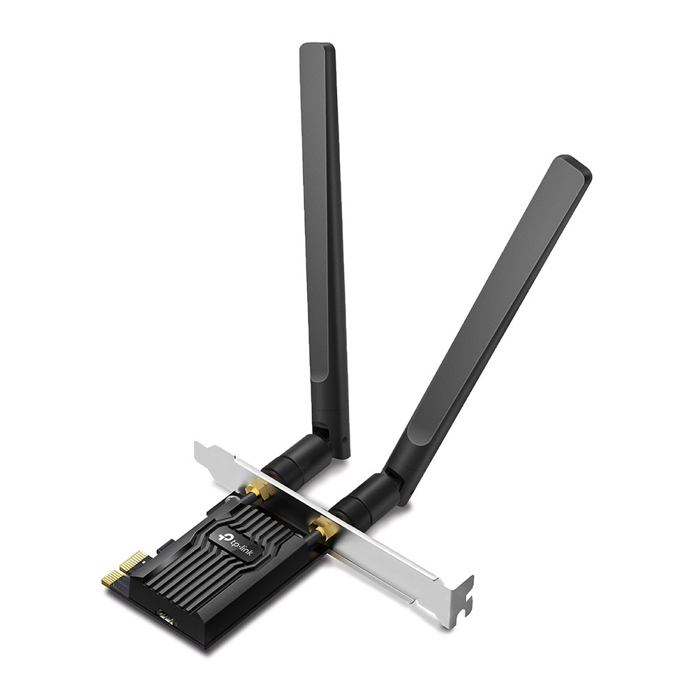 Placa de rede Wi-Fi 6 PCIe TP-Link Archer TX20E com duas antenas pretas abertas e suporte de perfil baixo
