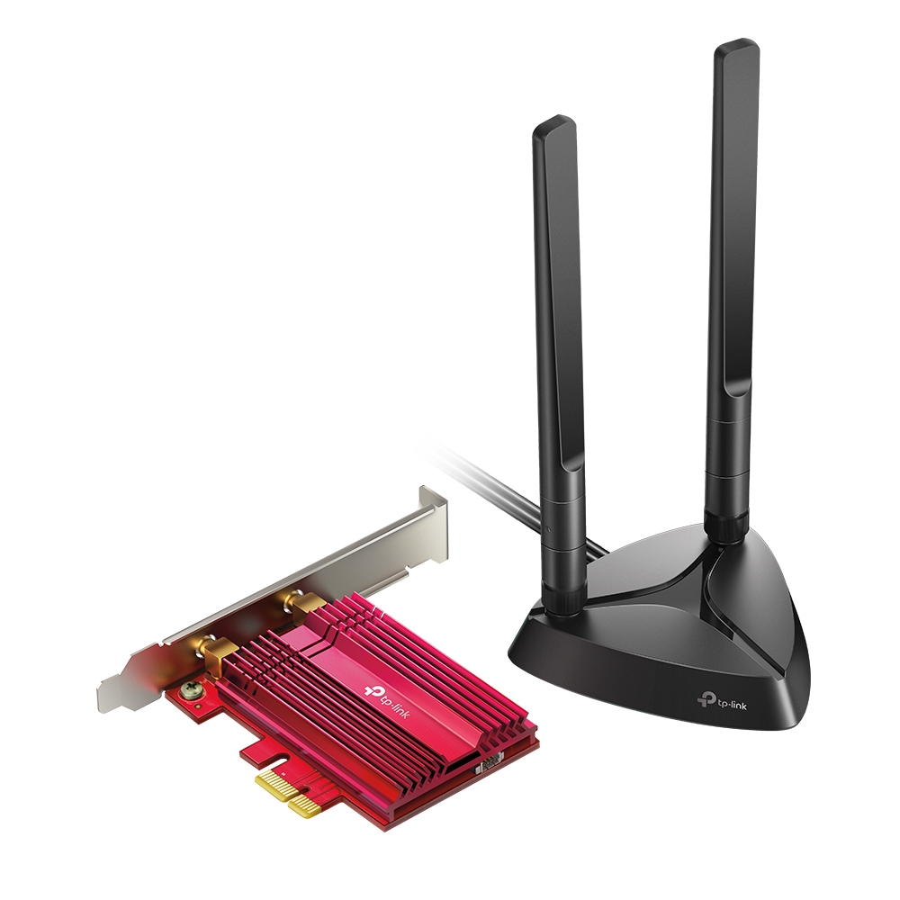 Placa de rede Wi-Fi 6 PCIe TP-Link Archer TX3000E com dissipador vermelho e antenas em base preta magnética