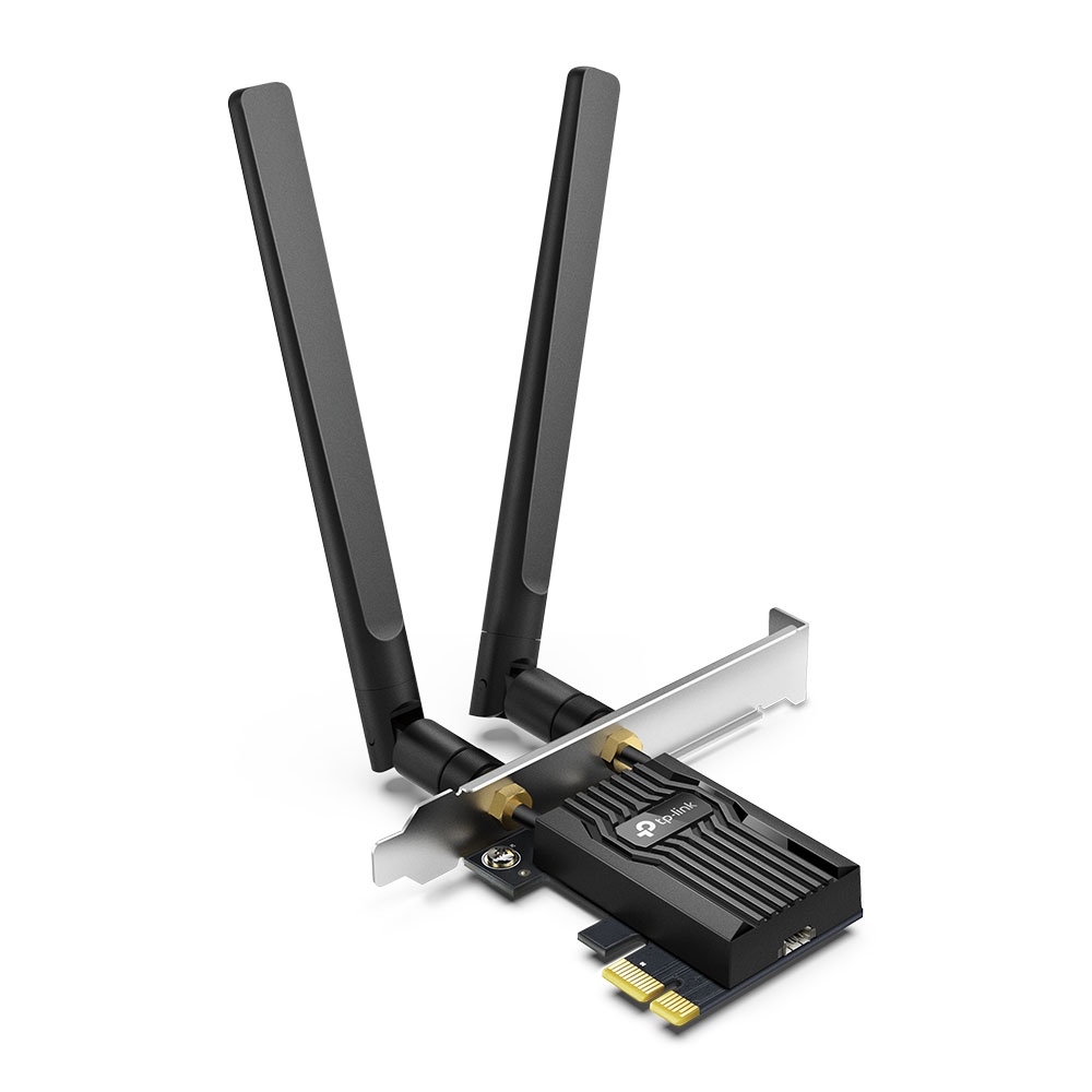 Placa de rede Wi-Fi 6 PCIe TP-Link Archer TX55E com duas antenas pretas altas e suporte metálico