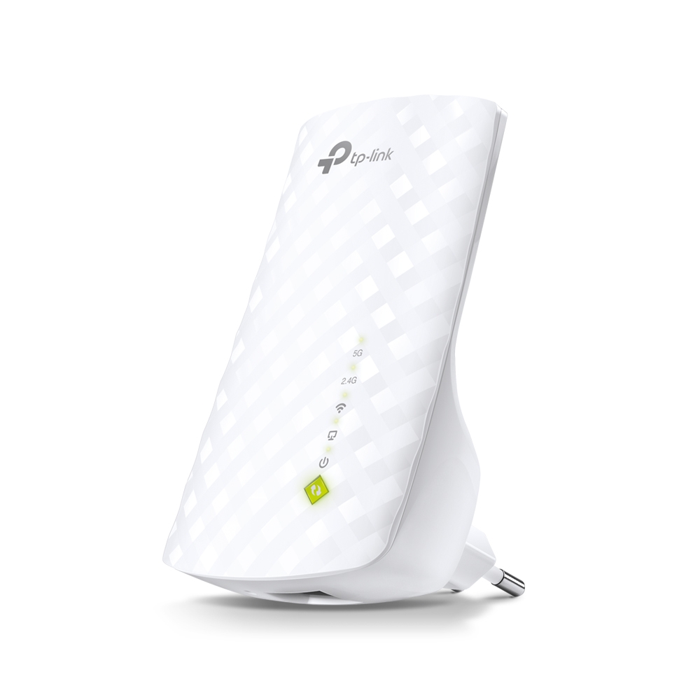 Repetidor Wi-Fi TP-Link RE200 branco com textura em losangos e luzes de sinal na lateral
