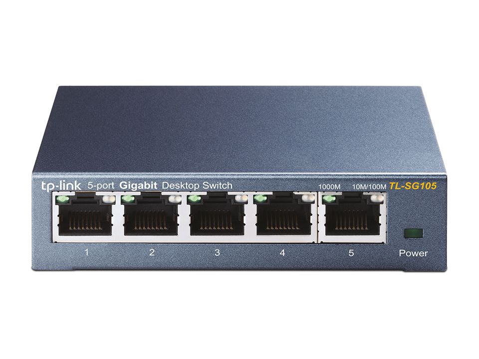 Switch TP-Link TL-SG105 de metal azul-acinzentado com cinco portas de rede na frente