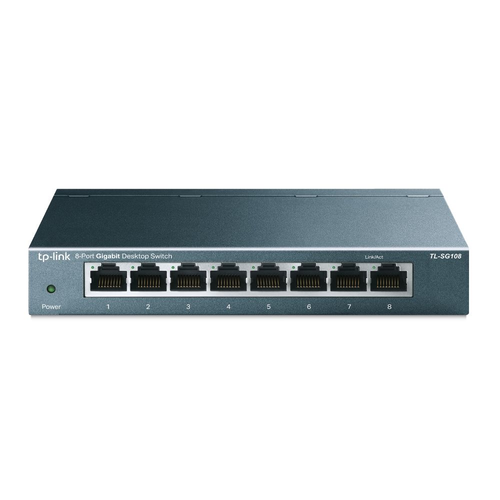 Switch TP-Link TL-SG108 de metal com oito portas de rede alinhadas na frente