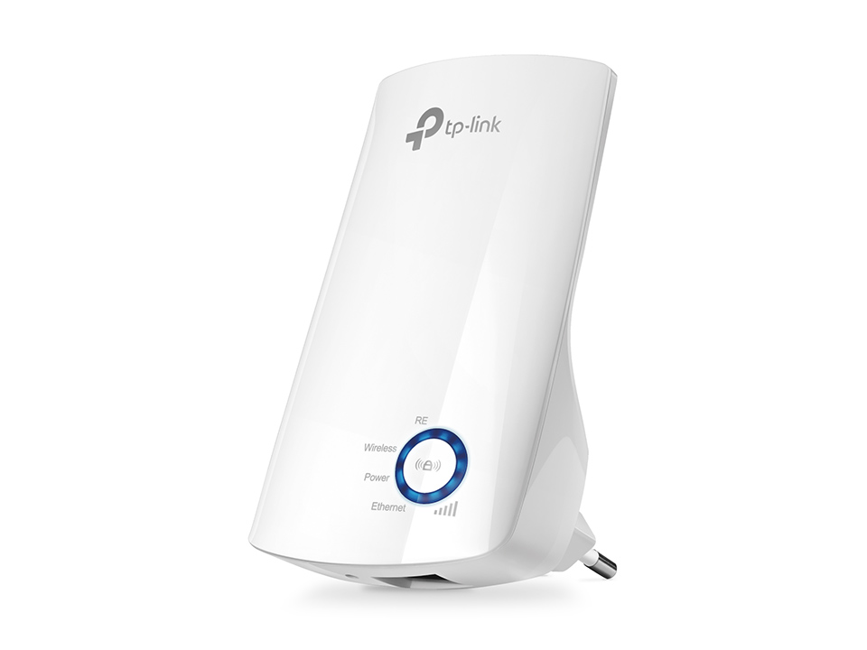 Repetidor de sinal TP-Link TL-WA850RE branco, de encaixe direto na tomada, com o anel de luz azul