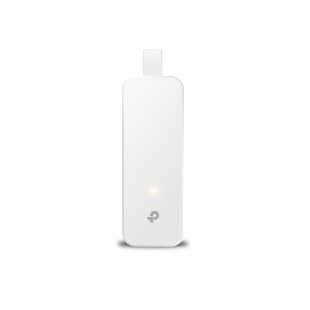 Adaptador de rede USB TP-Link UE300 branco, retangular, com luz de status e logotipo da TP-Link