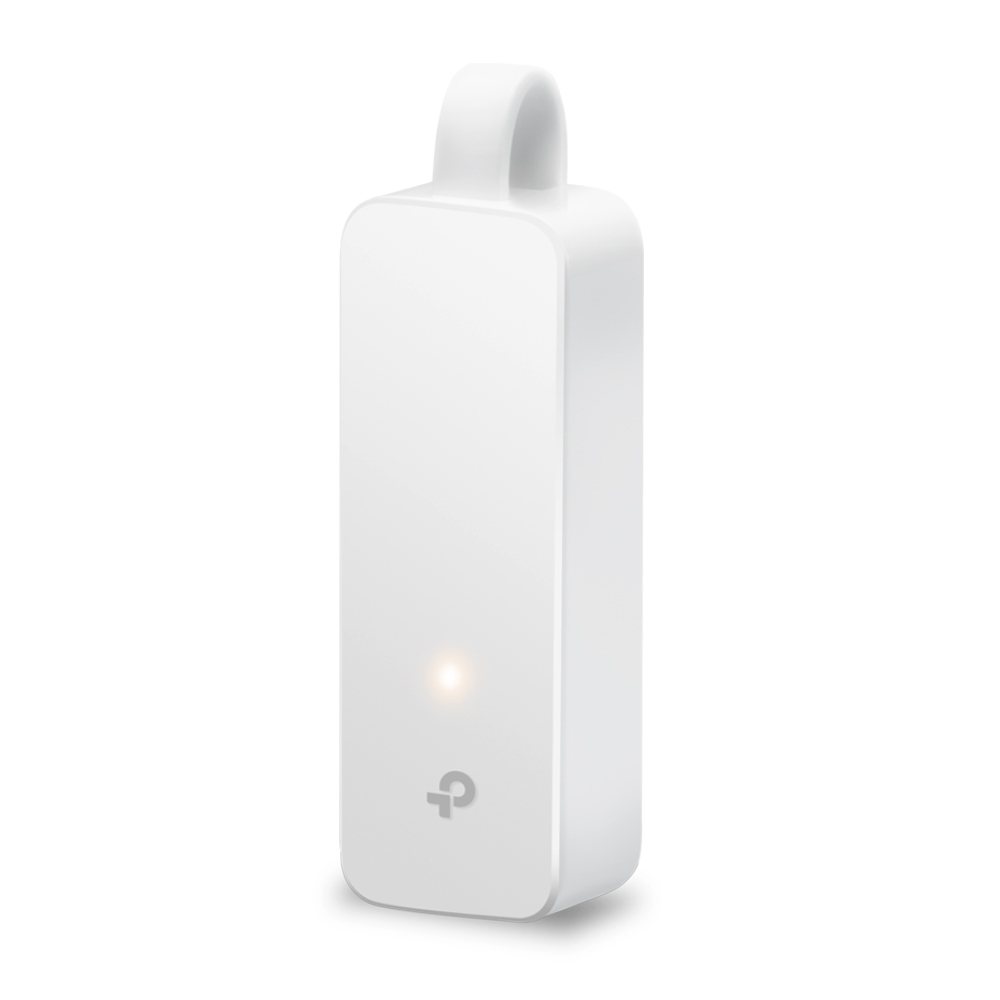 Adaptador de rede USB-C TP-Link UE300C branco, com alça e luz de status, visto em ângulo