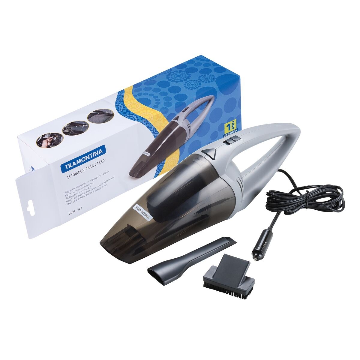 Aspirador de carro Tramontina 42350/070 prata com bocal fumê, ao lado da caixa, do bico fino e da escova