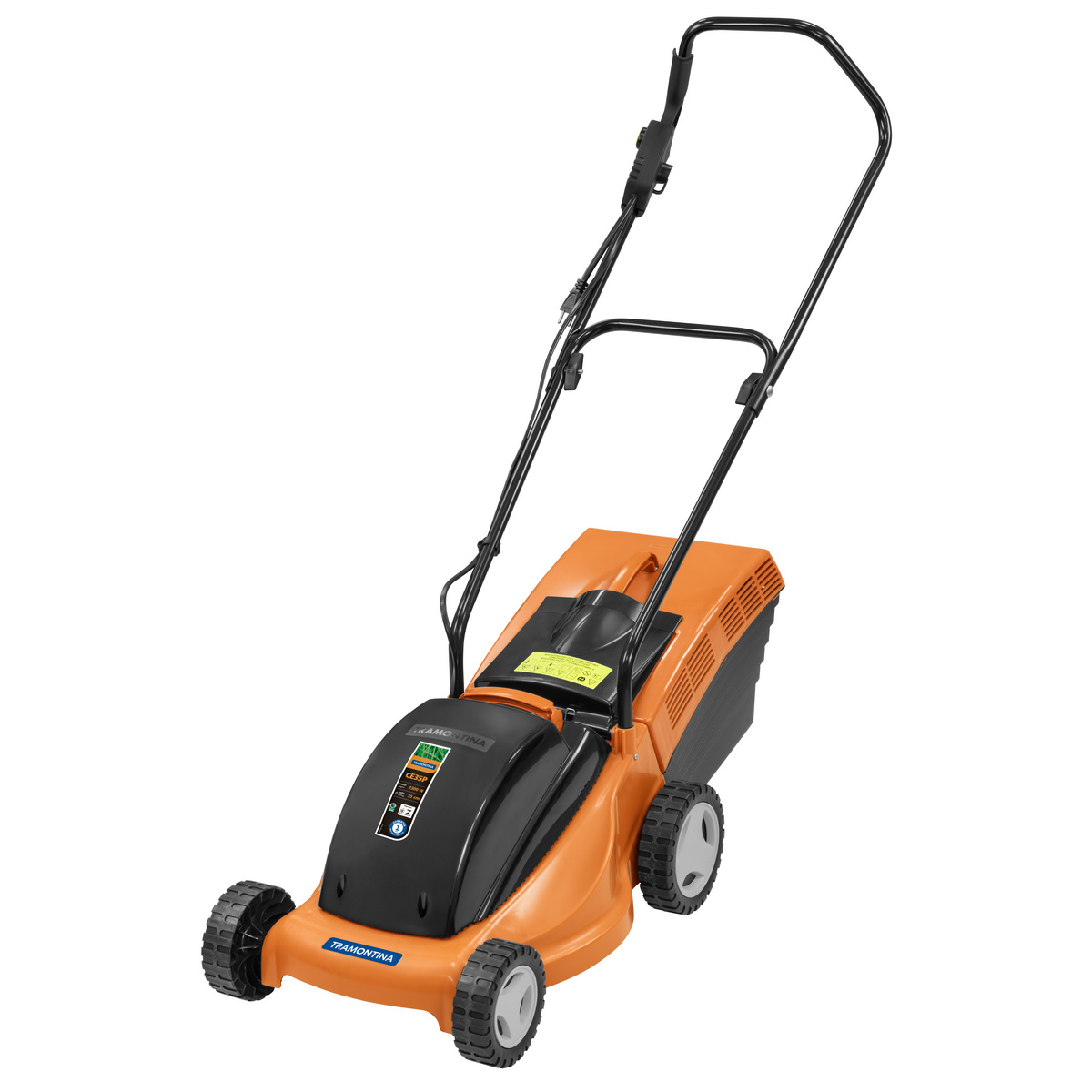 Cortador de grama elétrico Tramontina CE35P laranja e preto, com cesto coletor traseiro e cabo de duas hastes