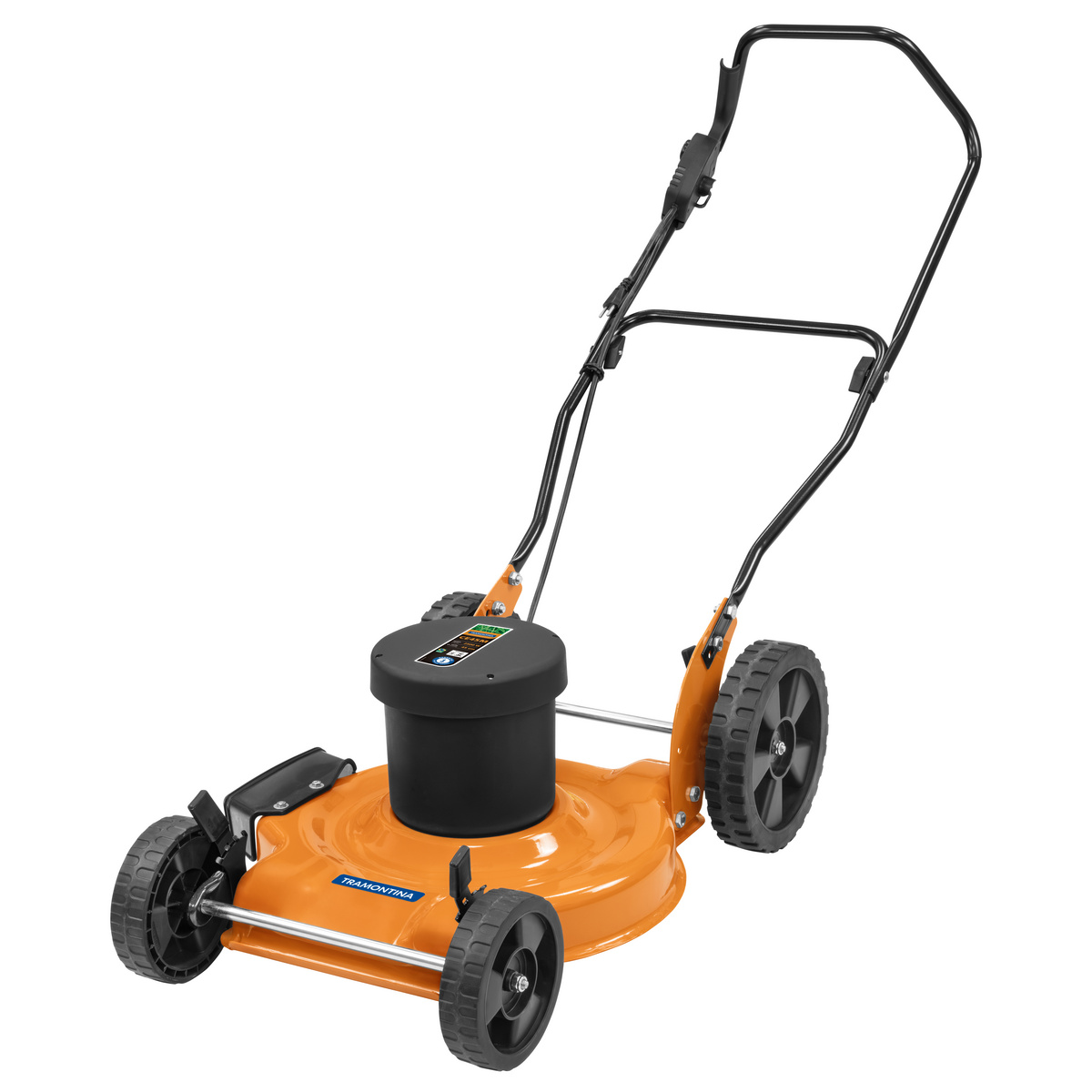 Cortador de grama elétrico Tramontina CE45M laranja com chassi metálico, rodas grandes e motor preto no centro
