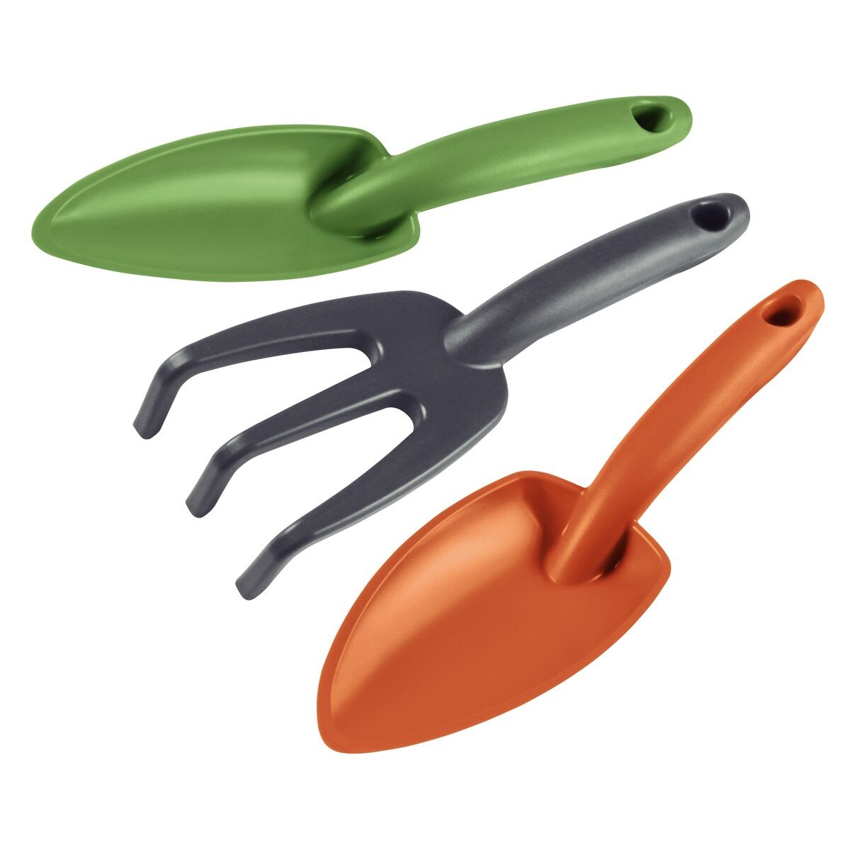 Conjunto de jardinagem Tramontina de 3 peças em plástico colorido: pazinha larga laranja, ancinho cinza e pazinha estreita verde