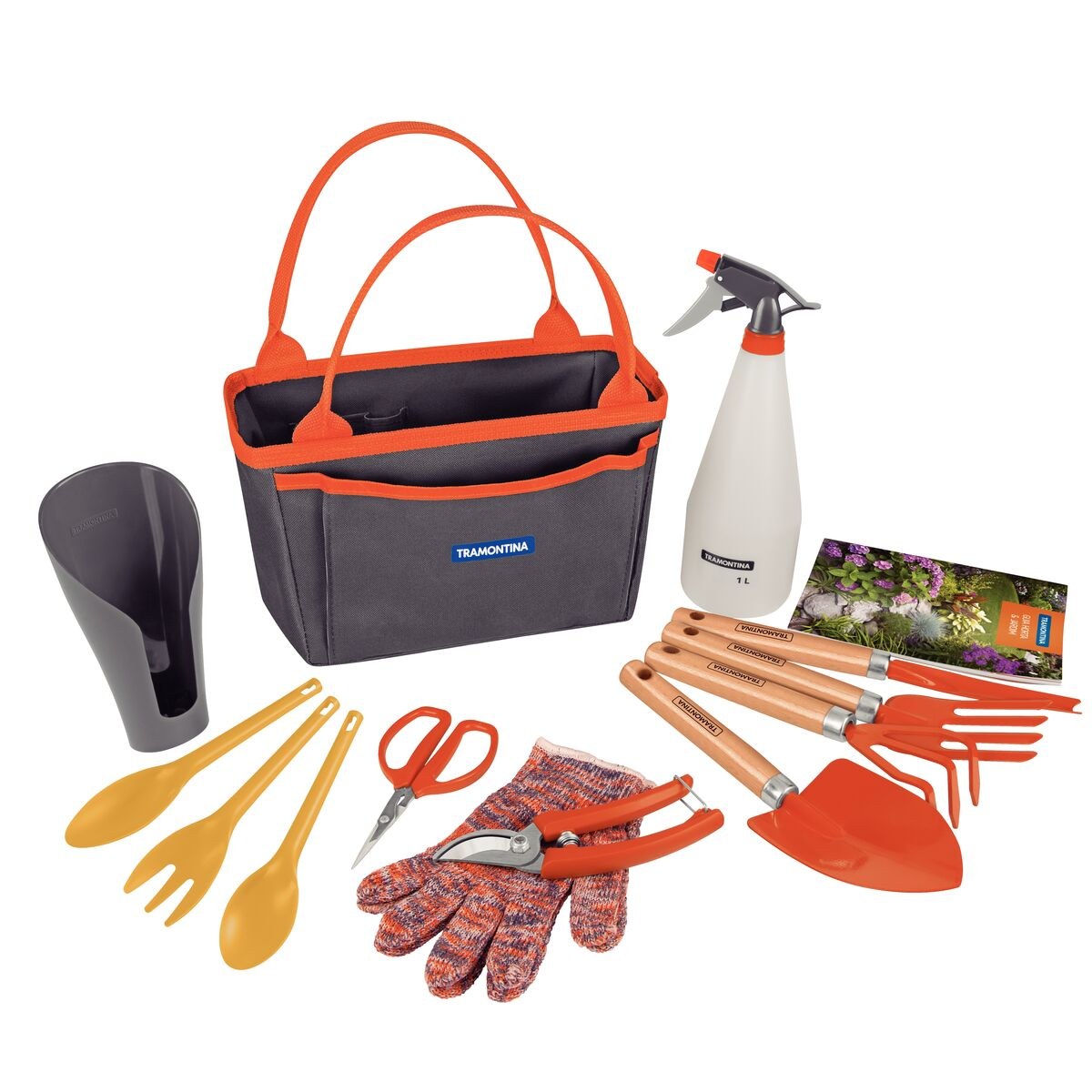 Kit presente de jardinagem Tramontina com 13 peças: bolsa de lona laranja e cinza, luvas, tesoura de poda, pulverizador e ferramentas com cabo de madeira