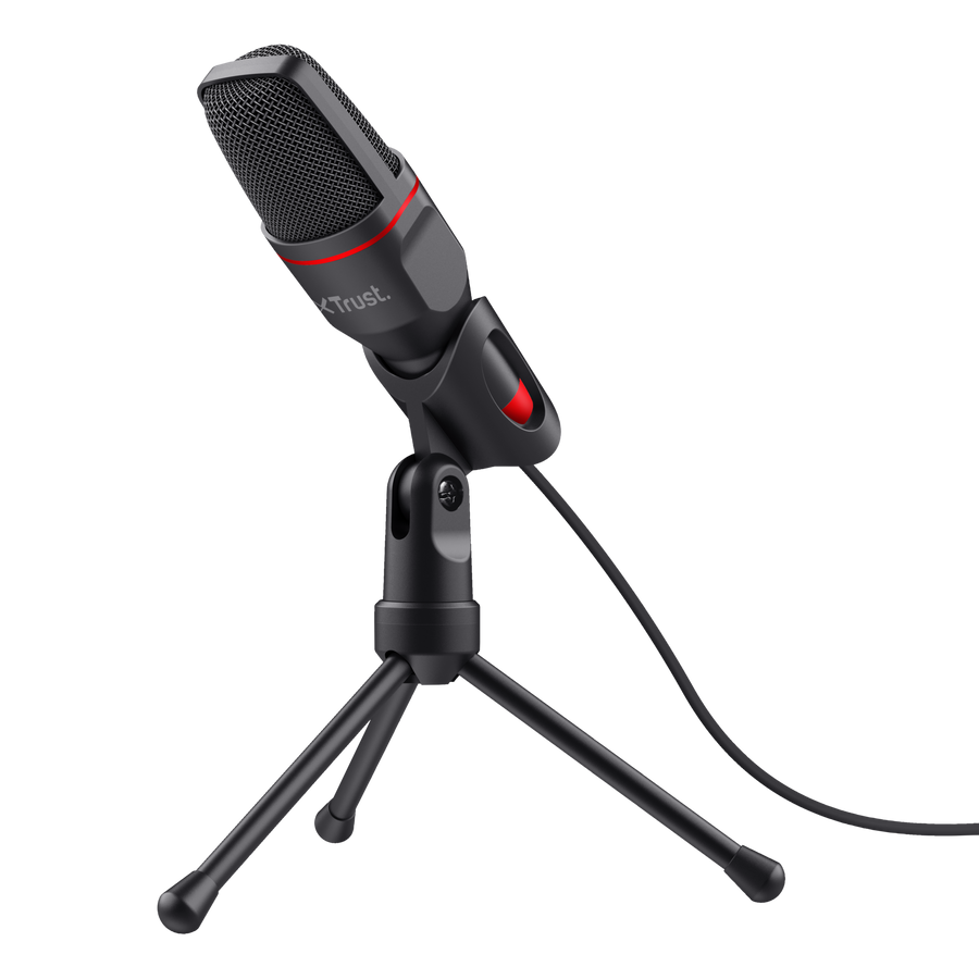 Microfone Trust GXT 212 Mico preto e vermelho sobre tripé de mesa