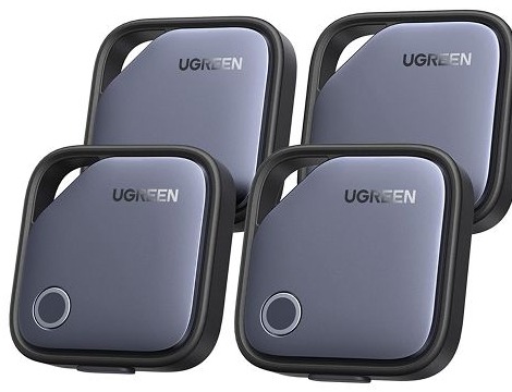 Quatro localizadores Bluetooth UGREEN FineTrack Duo cinza, com argola preta e botão circular na frente